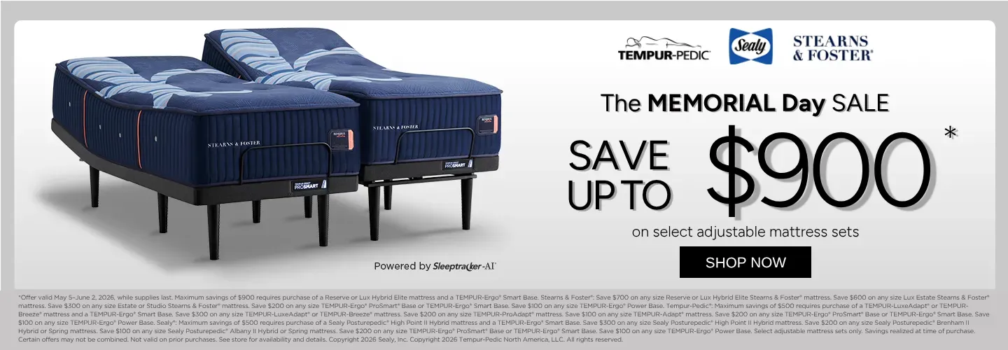 Save up to $900 on select adjustable mattress sets from Tempur-Pedic, Sealy, and Stearns & Foster.